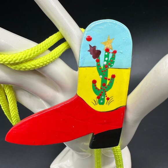 Western Bolo Tie Hand Painted Wooden Christmas Cowboy Boot Cactus Retro Kitsch - Picture 1 of 6